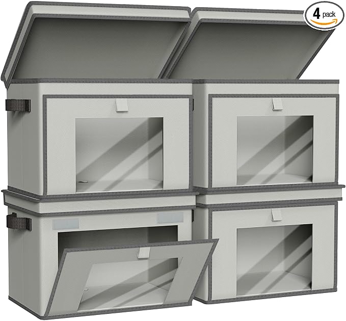 Univivi Storage Bins with Lids, Large Closet Organizers and Storage with Handles & Window, Foldable Fabric Storage Boxes with Lids for Home, Closet, Bedroom, 4 Pack, (Gray, 16.5“ x 12” x 12")