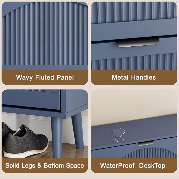 Shoe Storage Cabinet with 3 Flip Drawers, Narrow Wood Shoe Organizer Cabinet with Fluted Panel, Slim Shoe Rack for Entryway, Freestanding Shoe Cabinet for Living Room, Hallway, Blue