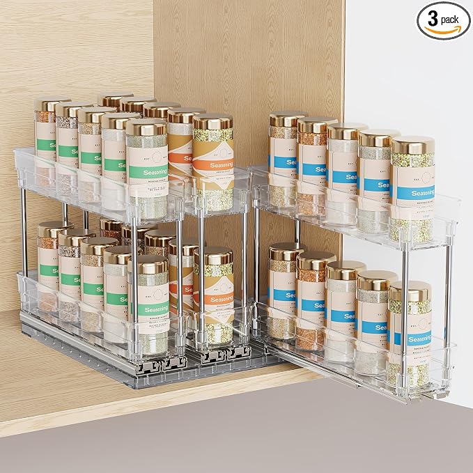 Mystozer Pull Out Spice Rack Organizer for Cabinet, Slide Out Spice Racks Organizer, Easy to Install Spice Cabinet Organizers, 8.5''Wx10.5''Dx8.3''H, 3 Drawers - 2 Tiers (Clear)