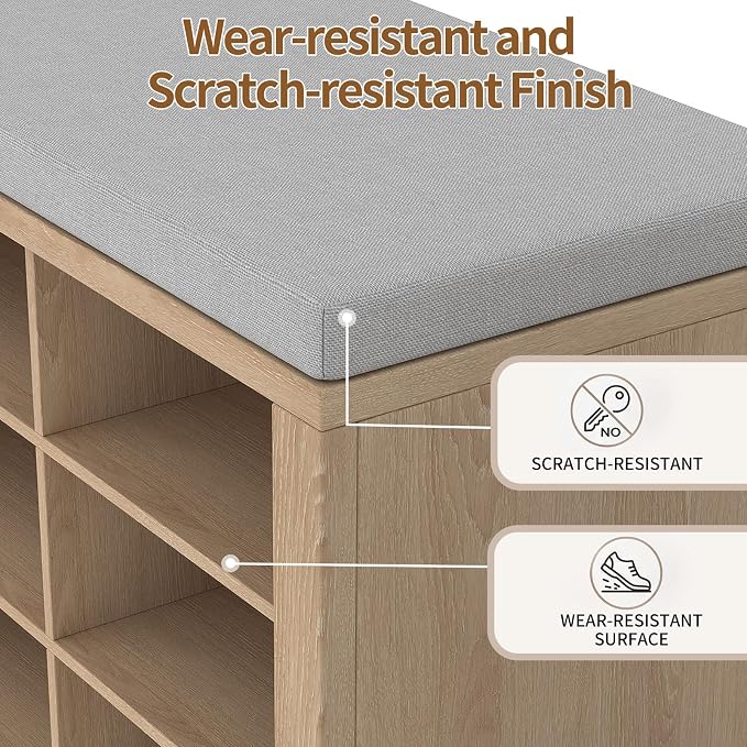 Shoe Rack Bench, Shoe Storage Bench with Cushion, Shoe Organizer 16 Cubbies for Entryway Hallway Bedroom Living Room, Holds Up to 400lbs