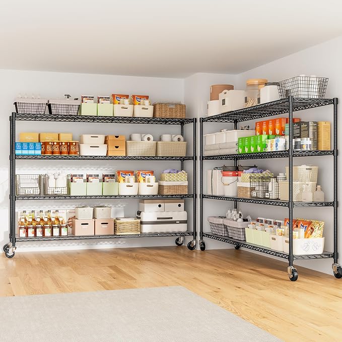 60'' W Storage Shelves Wire Shelving with Wheels, Heavy Duty Metal Garage Shelving, Adjustable Wire Rack with Liners, Fits 27-Gallon Totes, for Commercial & Warehouse, 60" W x 18" D x 63.78" H