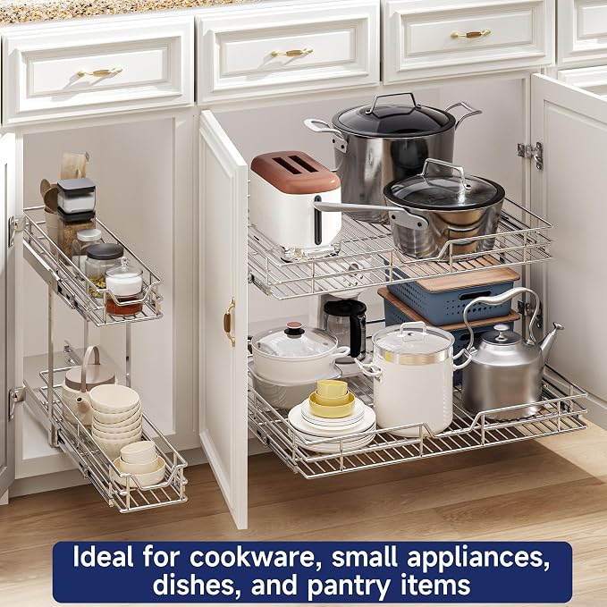 2-Tier Pull Out Cabinet Organizer, 15.5" W x 21.5" D, Heavy Duty Dual Slide Out Shelves for Base Cabinets, Chrome Wire Basket Drawer for Pantry, Kitchen & Bathroom Storage