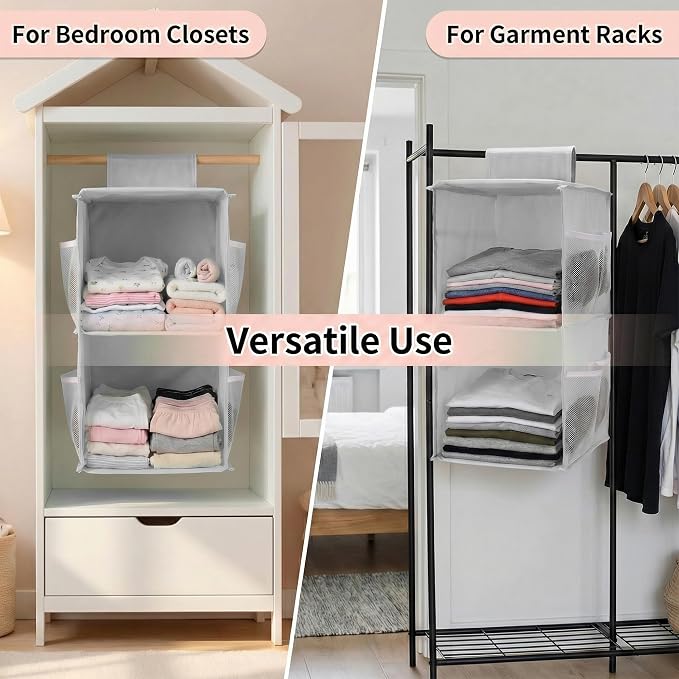 2-Shelf Closet Hanging Organizer Foldable Hanging Storage Shelves with Strong Magic Tapes Space-Saving Wardrobe Hanging Shelf for Clothes Towels Accessories Gray