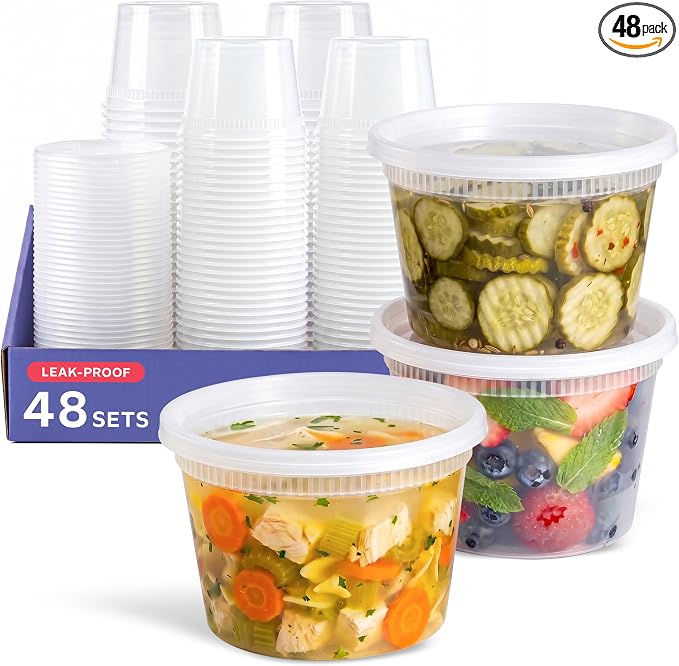 GUSTO [48 Sets 16 oz. Plastic Deli Disposable Food Storage Containers With Airtight Lids (Formerly Comfy Package)