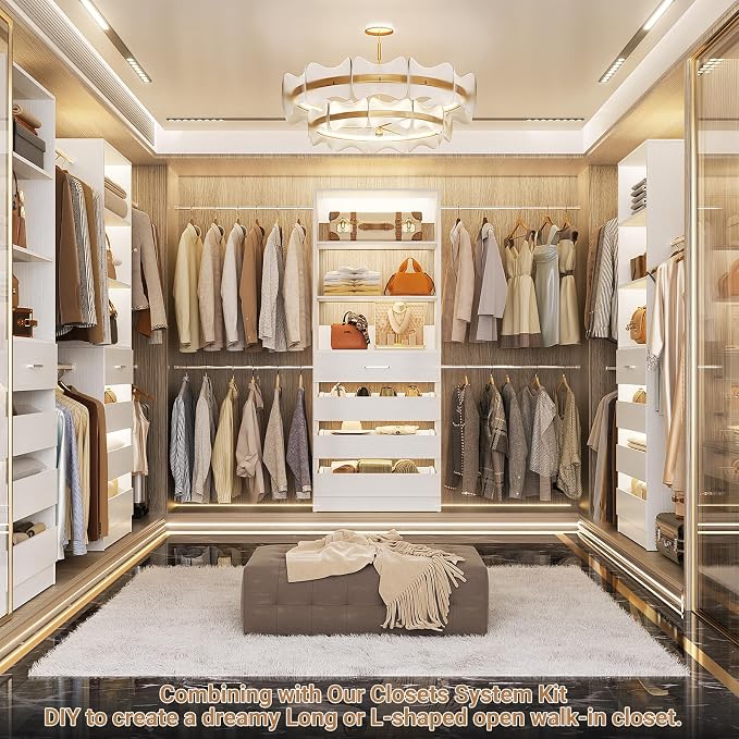 Aheaplus Closet System with 4 Drawers, 3.4-7FT Small Wood Closet Organizer System, Walk-in Closet Wardrobe with Tower and 4 Hang Rods, Built In Closet Insert System, Fits Spaces 4ft, 5ft,6ft,7ft,White
