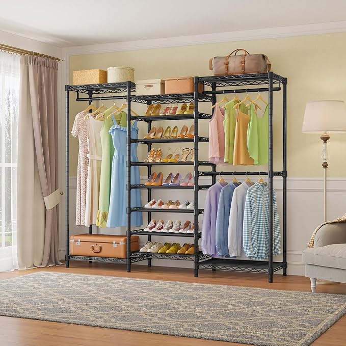 VIPEK S3 Heavy Duty Garment Rack Freestanding Clothes Rack Closet Storage Organizer Large Wardrobe with 8-Tier Shoe Rack, Hanging Rod, Adjustable Shelf, 68.9" L x 15.7" W x 76.4" H, Black