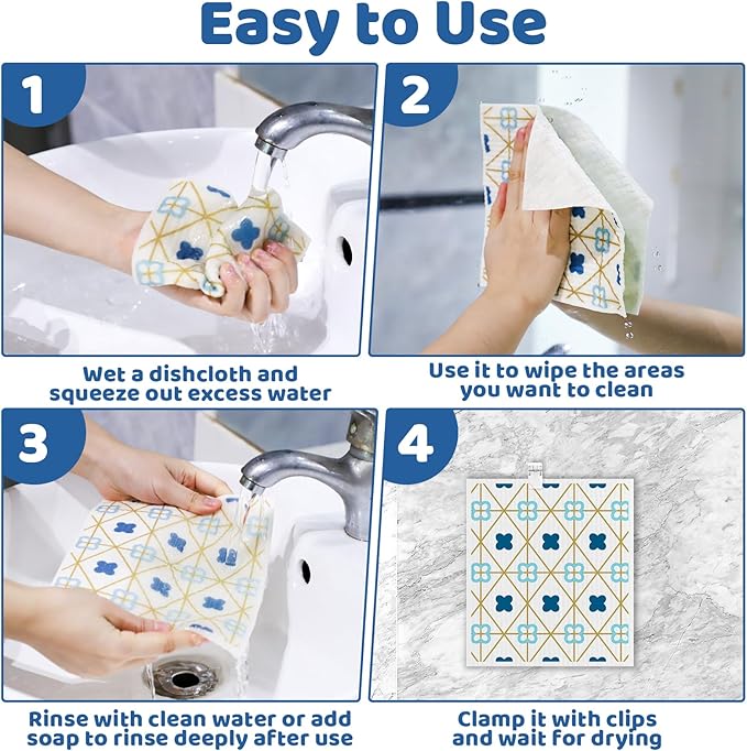 Needbrock 6 Pack Swedish Dishcloths for Kitchen,Swedish Rags Dish Towels with Clips, Reusable Paper Towels Washable Absorbent Cellulose Sponge Cloths for Countertop Dishes Sink Kitchen