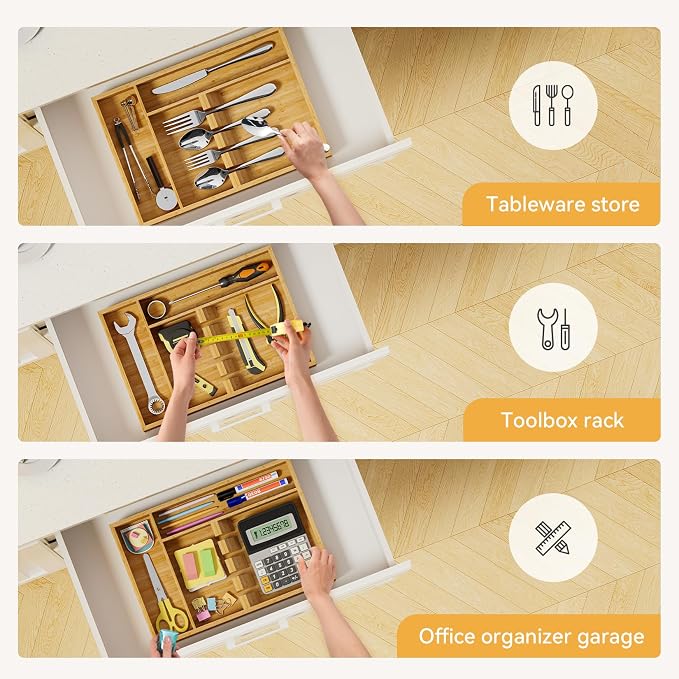 Yofidra Bamboo Silverware Organizer, 13.8 x 9.84 x 1.96 Inches Kitchen Utensil Drawer Organizer, Silverware Tray for Drawer with Fixed Slots for Spoons, Forks & Knives, Natural
