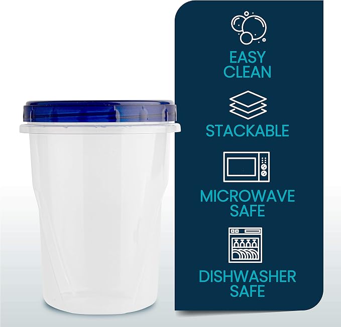 PLASTICPRO Food Storage Freezer Deli Containers Clear bottom With blue Top Twist on Lids Reusable, Stackable,[32 oz 6 Pack]