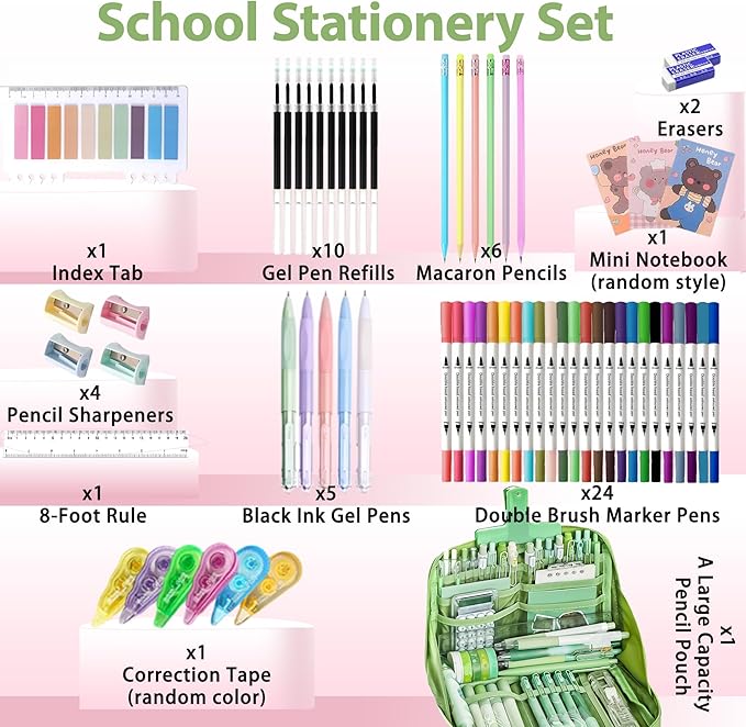 Ristpal 56 PCS Aesthetic School Supplies with Large Pencil Case, 24 Double Brush Marker Pens, 5 Black Ink Gel Pens, 6 Macaron Pencils, 4 Sharpeners, Sticky Notes, Ruler, Erasers, Stationery Gift