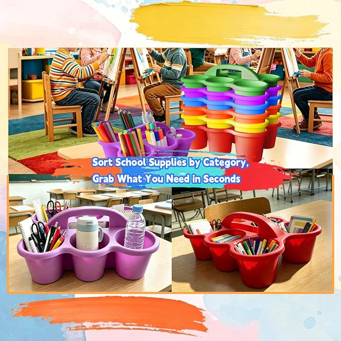 6 Pack Classroom Caddy Organizer with Handle Multicolor Plastic Table Caddy 6 Compartments Storage Cup Holder for School Supplies Art Crafts Crayons Pencils Stackable Desk Caddy for Office