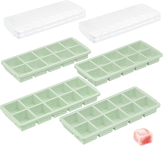 Ice Cube Tray with Lid (4-Pack), 2 Tbsp Large Silicone Freezer Molds, Perfect for Coffee Whiskey Cocktail Ice Making, Stackable Freezer Containers for Storing Sauce, Garlic, Herbs, Ginger