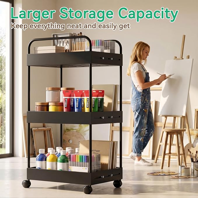 3 Tier Expandable Rolling Storage Cart, Rolling Utility Cart with Wheels | expandable adjustable width, sturdy metal frame, silent 360° wheels, storage for bathroom, kitchen, laundry & living room