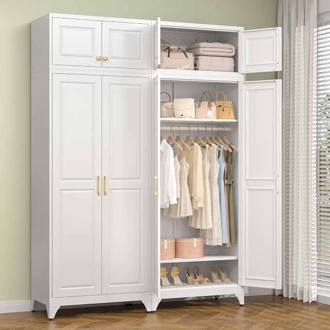 Polup Metal Armoire Closet, 86 Inch Tall Wardrobe Armoire with Hanging Rod, Almirah for Clothes with Doors, 18" D x 32" W x 86" H, White, Assemble Required, Shipped in Two Packages