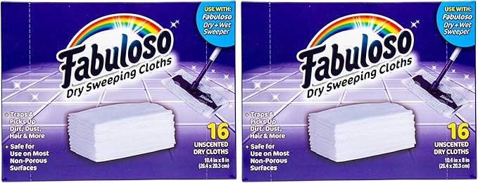 Fabuloso Dry Cloths, 16ct | Dry Sweeping Pads, for Use with Fabuloso Dry + Wet Sweeper for Bold and Bright Cleaning Experience | Clean Your Floors with Ease (Pack of 2)