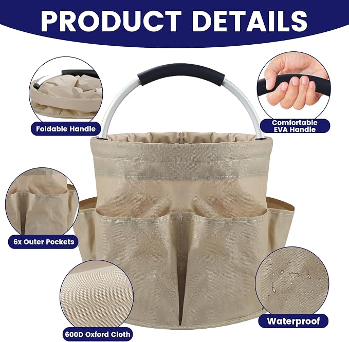 Cleaning Caddy with Handle and 6 Pockets, 17L Cleaning Supplies Organizer, 600D Oxford Fabric Storage Basket, Multifunctional Bucket Bag for Picnics, Camping, Gardening, Bathing (Khaki)