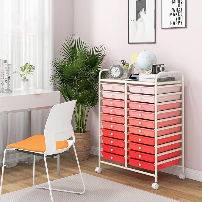 DREAMADE Rolling Cart with Storage Drawers, Utility Cart with Removable Plastic Drawers, Lockable Wheels, Art Cart for Classroom Organization Art Supplies Office Scrapbook (20 Drawers, Mixed-pink)