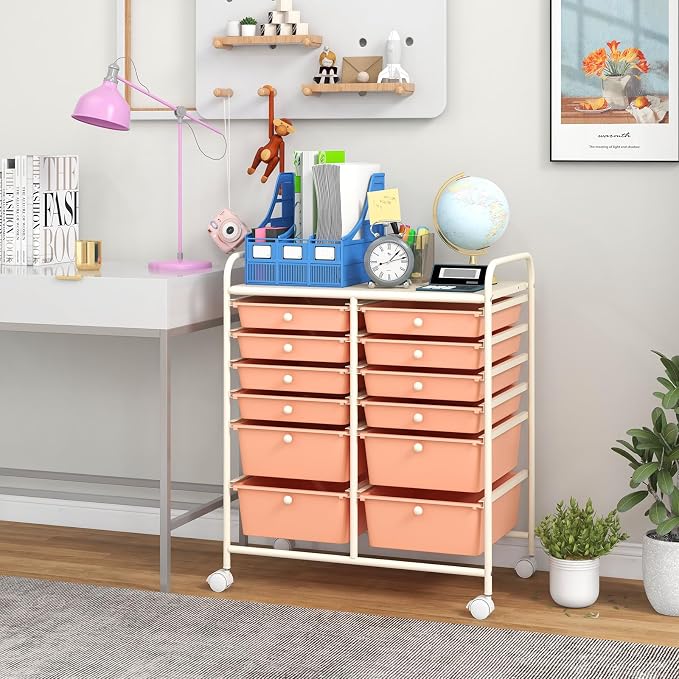 DREAMADE Rolling Cart with Storage Drawers, Utility Cart with Removable Plastic Drawers, Lockable Wheels, Art Cart for Classroom Organization Art Supplies Office Scrapbook (12 Drawers, Peach)