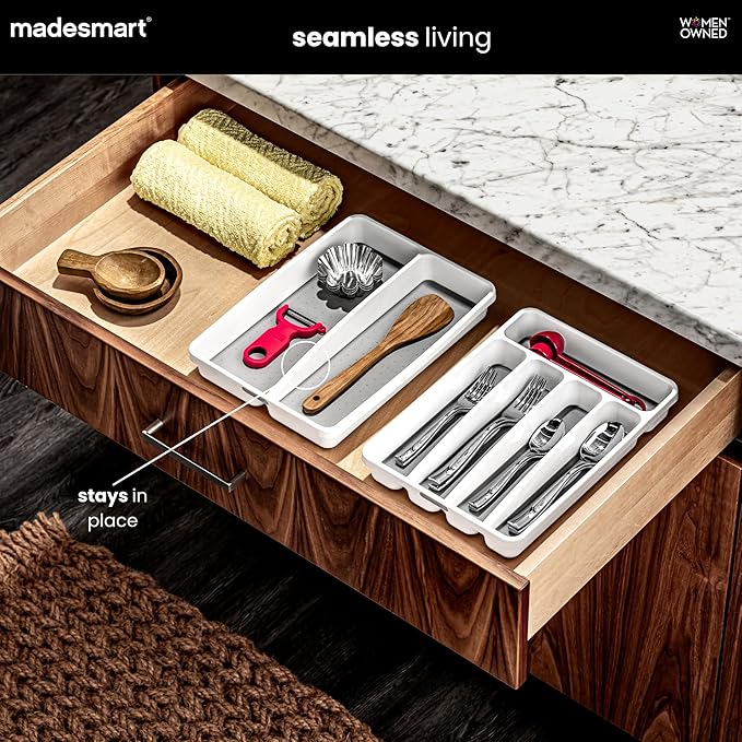 madesmart Premium Small Utensil Tray, Deep Storage for Ladles, Whisks & Serving Tools, Non Slip Lining, for Drawers & Home Organization, White