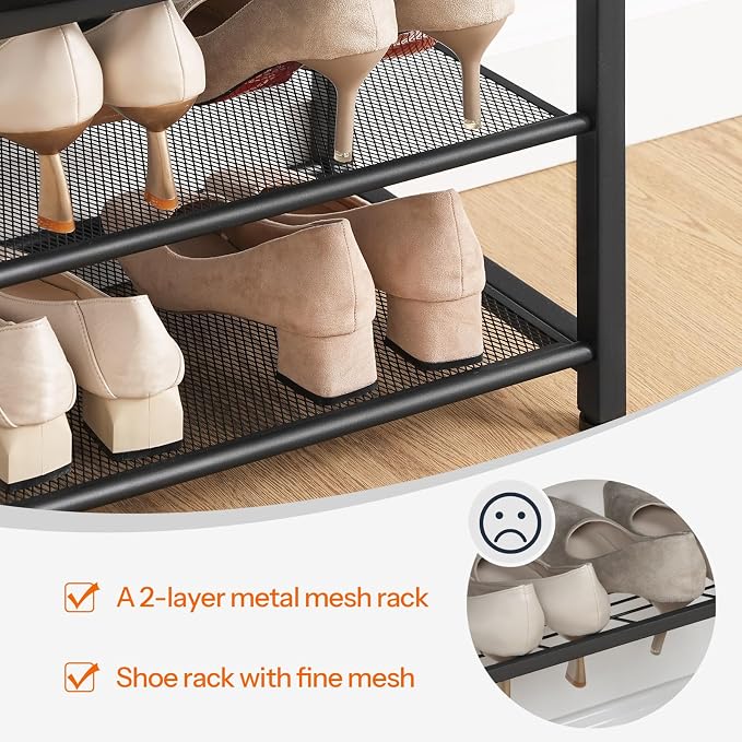 HOOBRO Small Shoe Bench, 3-Tier Shoe Rack, Shoe Storage Bench with PU Seat Cushion, Entryway Shoe Rack Bench with Metal Mesh Shelves, Freestanding Shoe Organizer for Hallway, Black BB33HX01