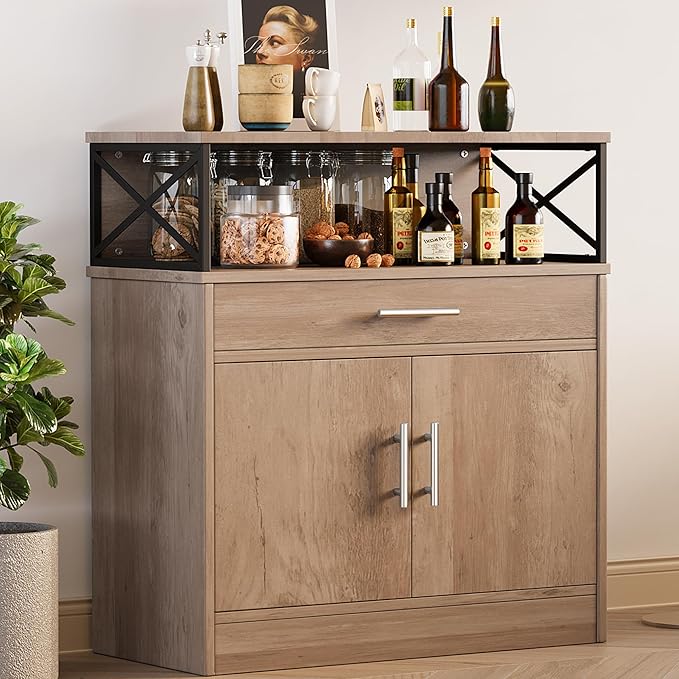 Meilocar Buffet Cabinet, Coffee Bar Cabinet, Sideboard with Storage and Drawer, Farmhouse Storage Cabinets, Wooden Kitchen Cabinets for Living Room, Hallway, Ivory