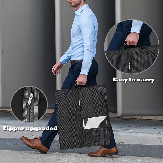 Gusseted Dress Bags for Gowns Long, 60'' Garment Bags for Hanging Clothes, Suit Bag Cover for Storage and Travel (Black)
