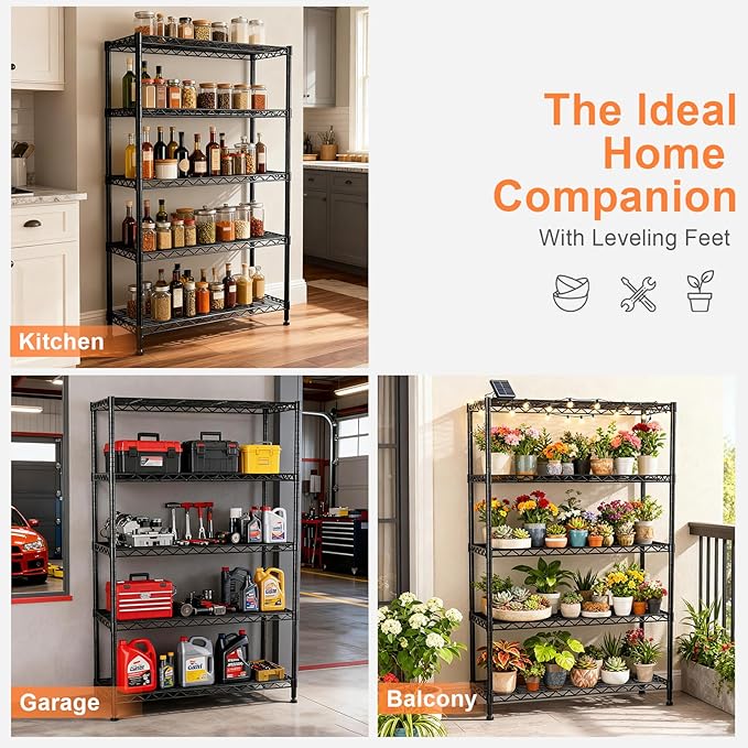 5-Tier Heavy Duty Shelving Unit,30" Wx14 Dx62 H,Metal Shelving with Lockable Wheels,Wire Shelf Rack,Height Adjustable Metal Storage Shelves Organizer for Kitchen,Garage,Office,Laundry,Pantry
