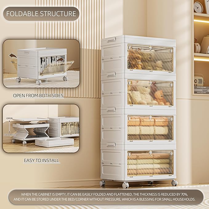 176 QT / 44 Gal Multi-Purpose Foldable Storage Cabinet - Transparent Dual Doors with 3-Stage Locking System, Heavy Duty Wheels, Simple Pull-to-Open Mechanism for Home/Office/Garage Organization