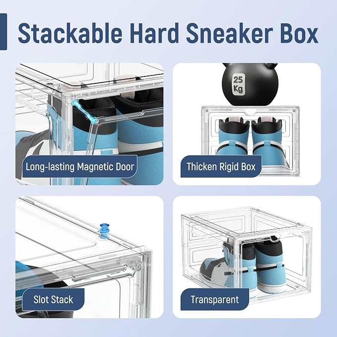 10 Pack Thickened Clear Stackable Shoe Organizer Storage Boxes with Magnetic Door, Sneaker Display Cases for Closet, Entryway & Under Bed Storage, Space Saving Shoe Storage Solution, White