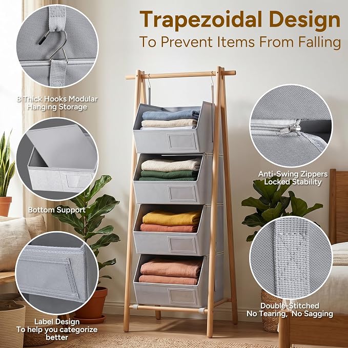 2 Pack 4-Tier Hanging Closet Organizer, Detachable Hanging Storage Shelves with Reinforced Side Panels, Hanging Closet Organizer for Clothes, Sweaters, Towels, Socks & Accessories, Gray