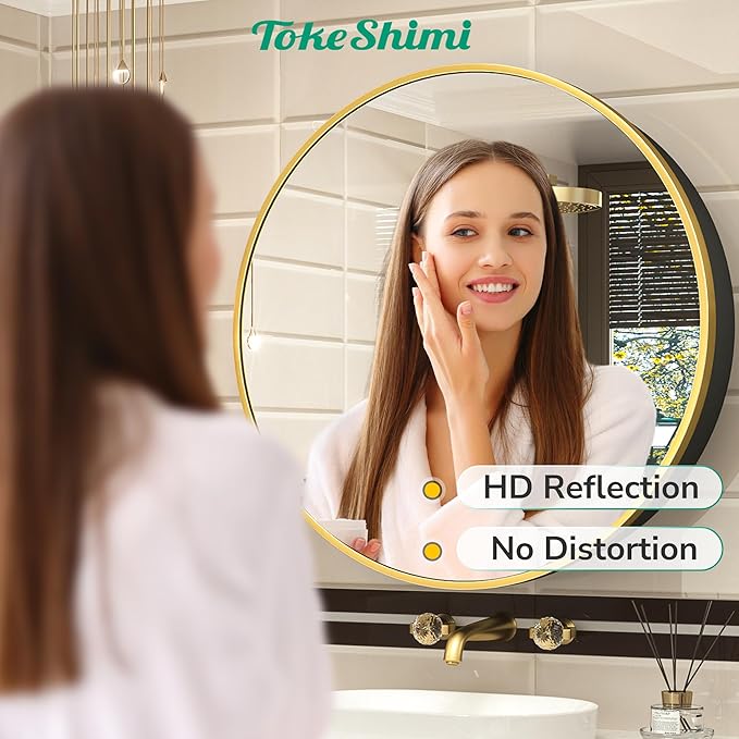 TokeShimi 24 Inch Round Bathroom Medicine Cabinet with Mirror Surface Mount Only Circular Gold Framed Farmhouse Medicine Cabinets for Wall Small Circle Mirrored Bath Cabinet with Vanity Mirror