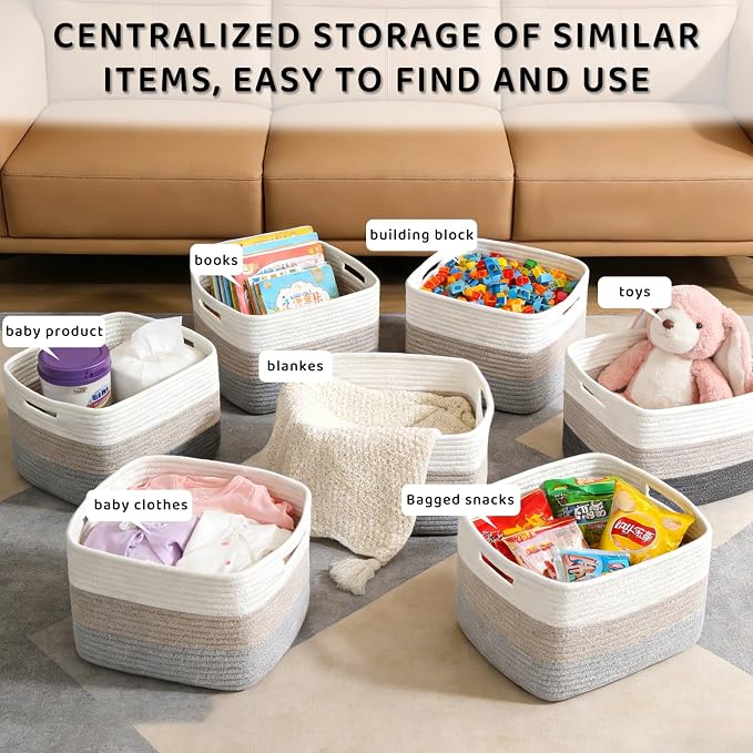 4 Pack Storage Baskets for Organizing, 11''Lx9''Wx8''H Woven Baskets for Storage Toys, Towels, Books, and Clothes, Cotton Rope Basket for Shelves with Handle White & Brown