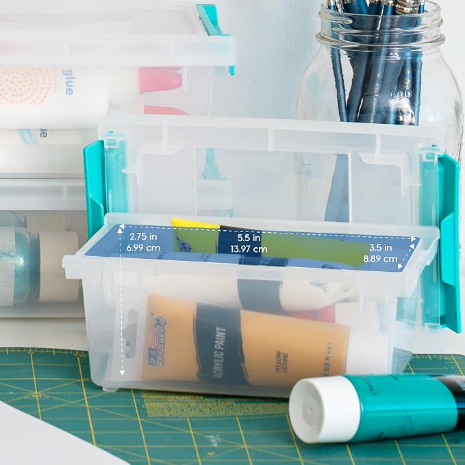 IRIS USA 1 Qt. Craft Storage Bins with Lids, 6-Pack, |Made in USA|, Clip Box, Small Plastic Sensory Bin Tote Organizer Containers for Art Supplies, Paper, & Office, Stackable - Clear/Seafoam Blue