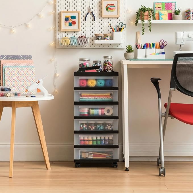 IRIS USA 6-Drawer Rolling Storage Cart, Black/Clear | Keep craft supplies, office essentials, classroom items, and accessories organized with easy-access drawers for daily use