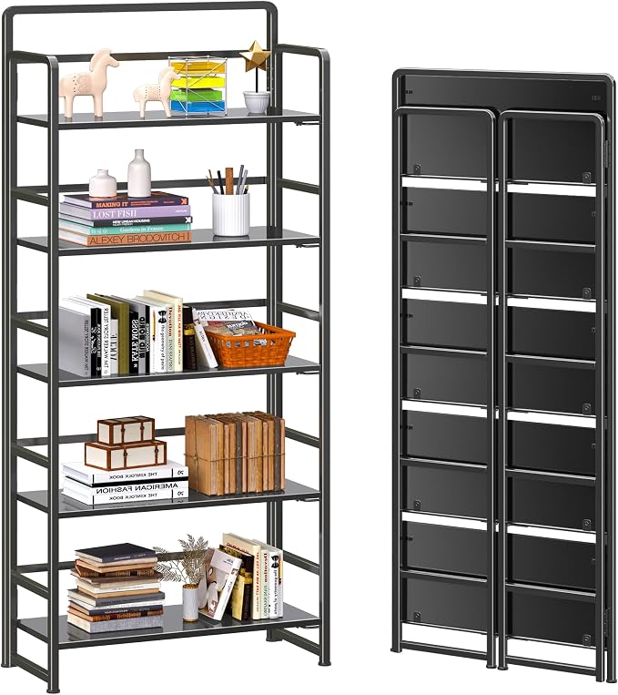 4NM No Assembly 5 Tiers Folding Bookshelf Storage Shelves Vintage Bookcase Standing Racks Study Organizer Home Office (All Black)