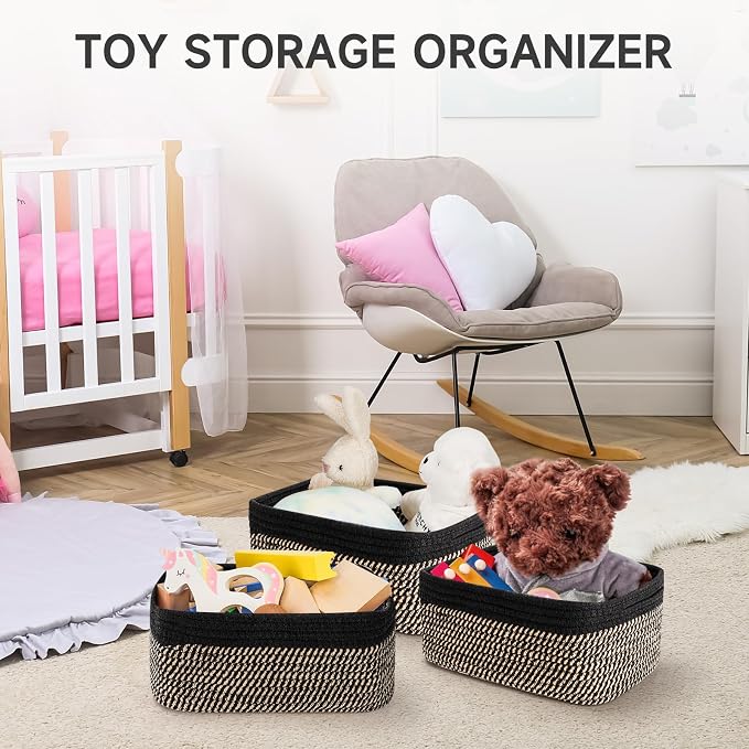 3-Pack Shelf Baskets for Organizing, Closet Organizer Bins, Small Woven Baskets, Rope Toy Basket, Storage Basket for Shelves, Cube Decorative Box, 11.8×7.8×5.1”, Black Brown