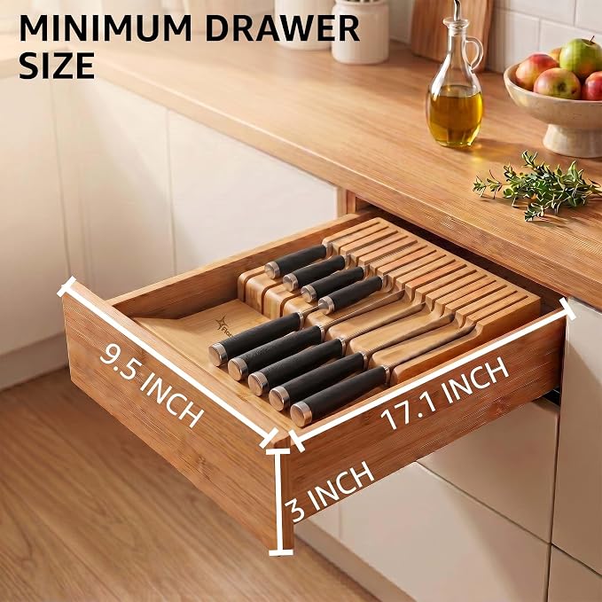 Flareware Bamboo Knife Drawer Organizer - 15-Slot In-Drawer Block for Steak & Large Knives, 2-Tier Bamboo Holder, Space-Saving Storage Organizer - (Knives Not Included)