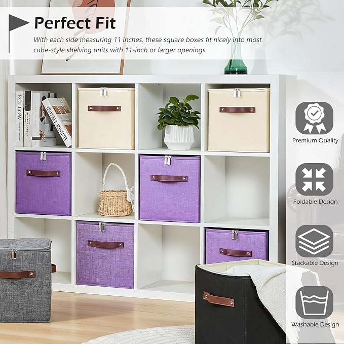 2PCS Storage Cubes with Lid Fabric Storage Bins Boxes PU Leather Handles Cotton Linen Closet Organizer Container Decorative Foldable Washable Shelf Cloth Basket (Zipper Lid, Beige, 11in)