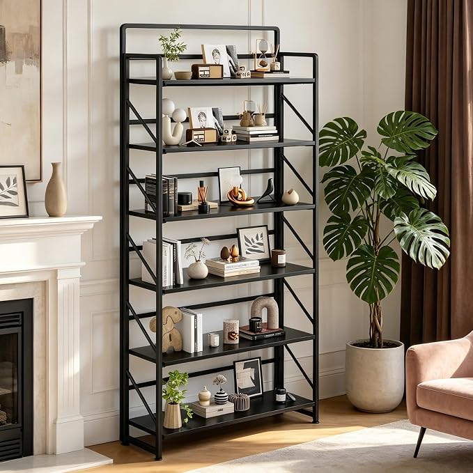 JSB 6 Tier No Assembly Folding Bookshelf, 30.3" Wide Foldable Storage Bookcase for Home Office, Space-Saving Storage Shelf for Living Room (Black)