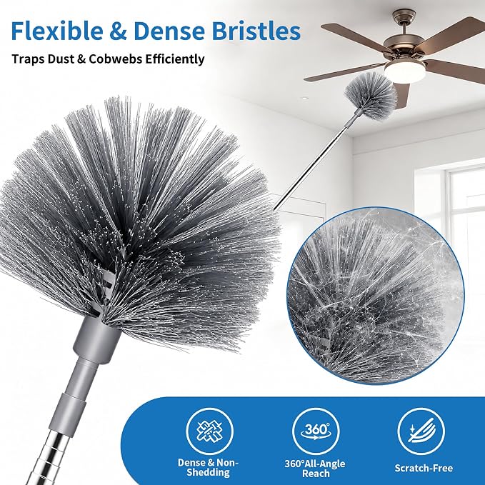 Cobweb Duster with Extension Pole, Upgraded Heavy Duty Thickened Stainless Steel Telescopic Handle for High Ceilings & Ceiling Fans, 90" Total Reach (15.7" Compact), Medium Stiff Bristles (Grey)