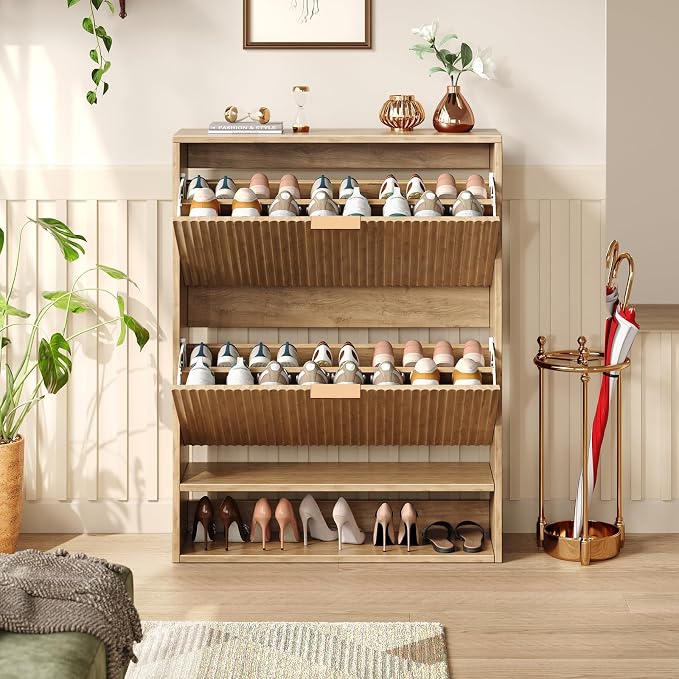 Hootata 31.5''W Oak Shoe Storage Cabinet for Entryway with 2 Flip Drawers, Narrow Wood Fluted Shoe Rack Cabinet,Freestanding Slim Shoe Organizer Cabinet for Foyer, Hallway
