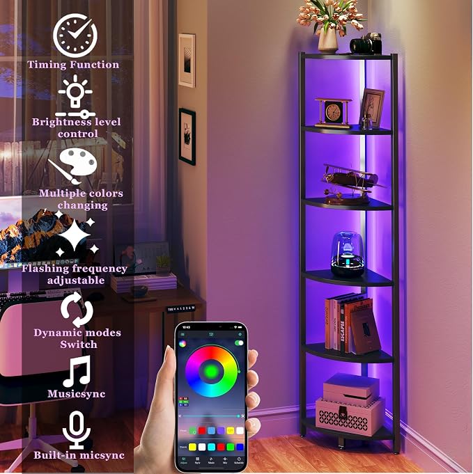 Corner Shelf with LED Lights, 6-Tier Corner Bookshelf, 66'' Organizer Book Shelf Shelves Steel Frame Display Stand with Living Room, Bedroom, Study, Black