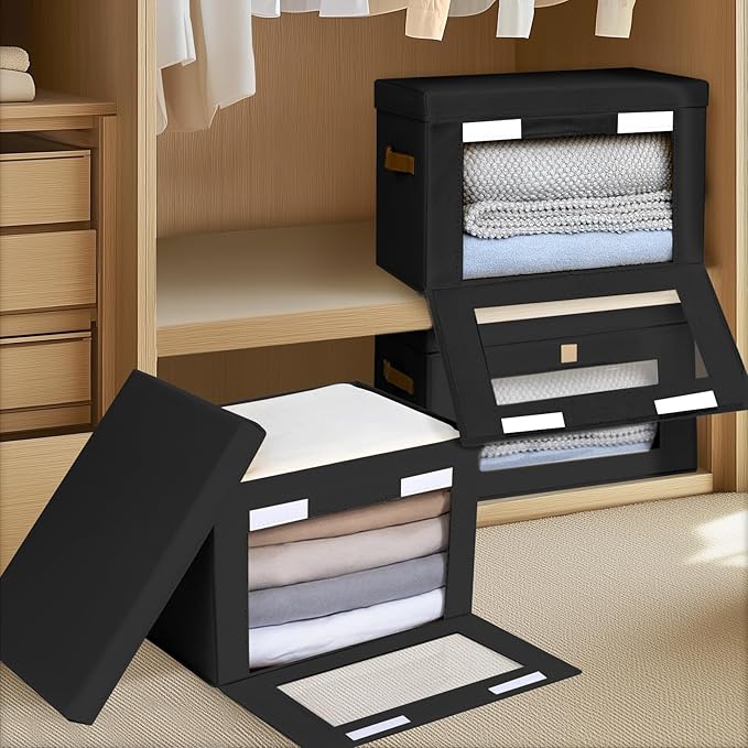 Homsorout Collapsible Storage Bins - Large Stackable Organizer Bins, Decorative Boxes with Handles & Window, Fabric Containers for Living Room, Closet, Dorm, 4 Pack, Black