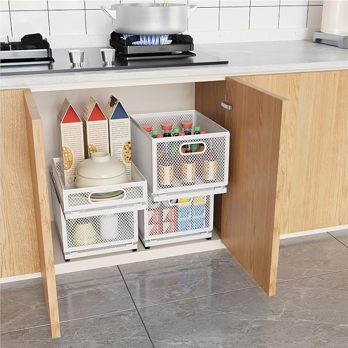 Pull Out Cabinet Organizer, Slide Out Drawers Fixed with Adhesive Nano Film, Pantry Shelves Sliding Drawer Storage Organization for Kitchen (Double Layer 15.7*9.4*12.28inch/40*24*31.2cm)