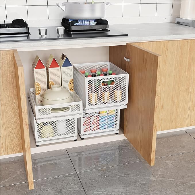Pull Out Cabinet Organizer, Slide Out Drawers Fixed with Adhesive Nano Film, Pantry Shelves Sliding Drawer Storage Organization for Kitchen (Double Layer 11.8 * 9.4 * 16.6inch/30 * 24 * 42.4cm)