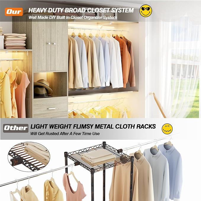 120 Inches Closet System With Doors, 10FT Walk In Closet Organizer with 3 Shelving Towers, Heavy Duty Clothes Rack with 3 Drawers, Built-In Garment Rack, Max Load 1300 LBS, White Oak