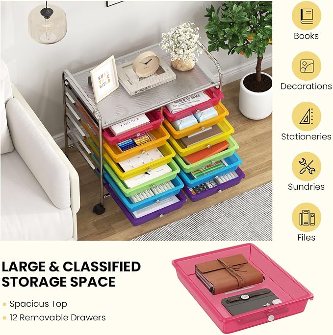 LDAILY 12 Drawer Rolling Storage Cart, Craft Cart Organizer on Wheels w/Metal Frame, Large Capacity & Smooth Drawer, Rolling Cart w/Drawers for Classroom, Office