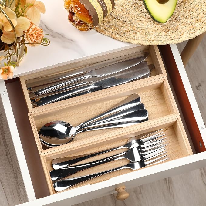 Baderke 3 Pcs Bamboo Drawer Organizer 10 x 3 x 2'' Kitchen Silverware Organizer Tray Long Stackable Storage Box Wooden Utensil Holder with Silverware Set for Kitchen Bathroom Cabinet(Natural)