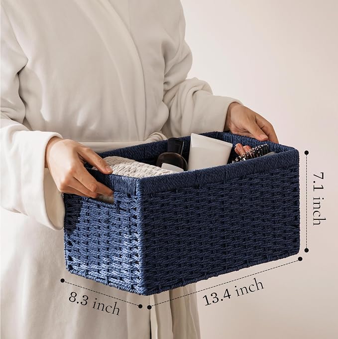 joybest Medium Wicker Baskets for Shelves, 13.4L x 8.3W x 7.1H inch Hand-woven Storage Baskets for Pantry Organizing, Foldable Rectangular Bin with Handles, 2-pack, Navy Blue