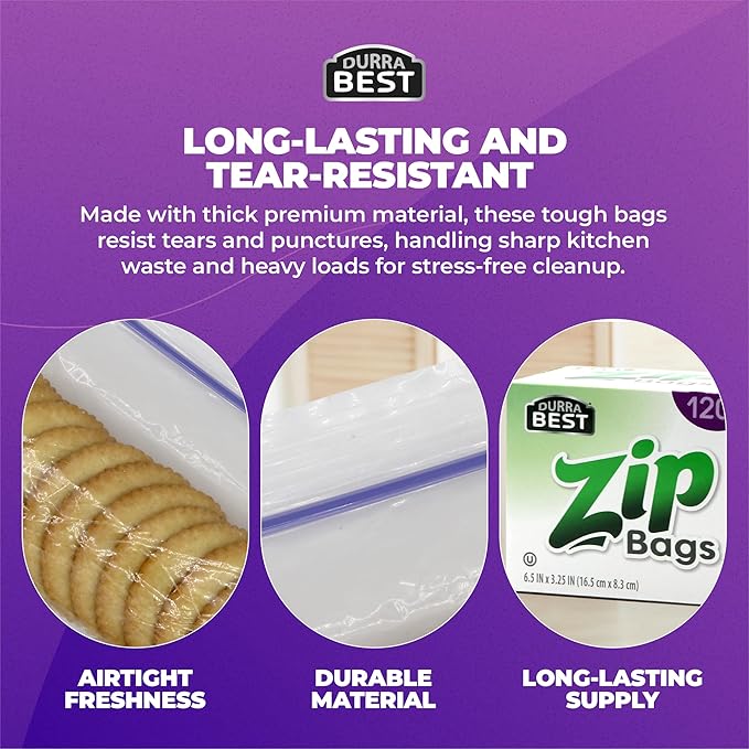 Snack Zip Bags - 120 Count | Resealable, Leak-Proof & Freezer Safe Reusable Bags for Snacks, Fruits, Veggies, Lunch & Small Sandwiches | BPA-Free, Durable Zip Seal | DURRA BEST